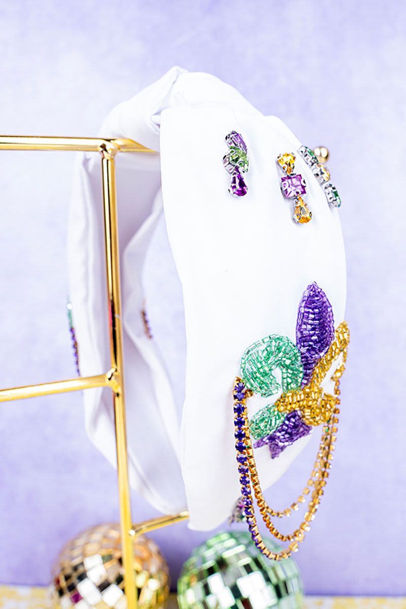 Viola Mardi Gras White Sequin Rhinestone Knotted Headband - Wholesale Accessory Market