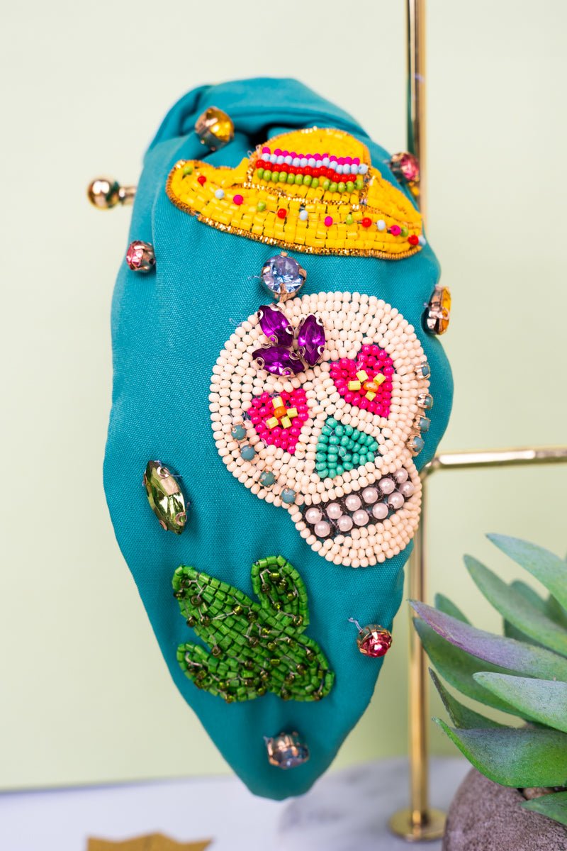 Viola Turquoise Day Of The Dead Seed Bead Knotted Headband - Wholesale Accessory Market