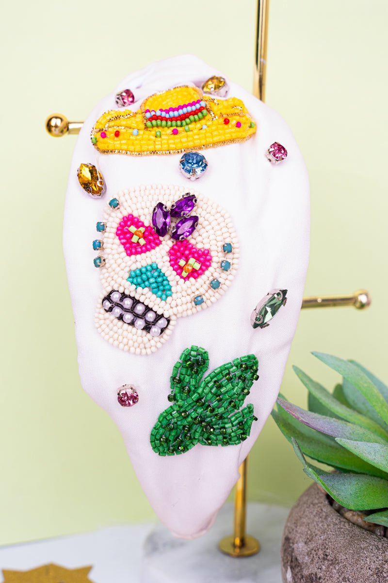 Viola White Day Of The Dead Seed Bead Knotted Headband - Wholesale Accessory Market