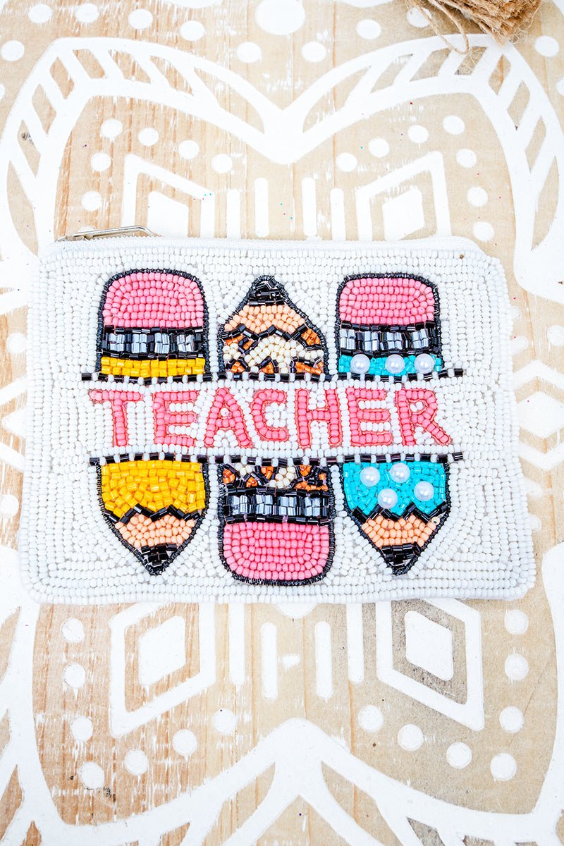 Viola Write on Point Teacher White Seed Bead Coin Purse - Wholesale Accessory Market