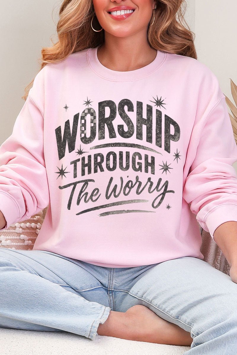 Black Worship Through The Worry Heavy Blend Crew Sweatshirt - Wholesale Accessory Market