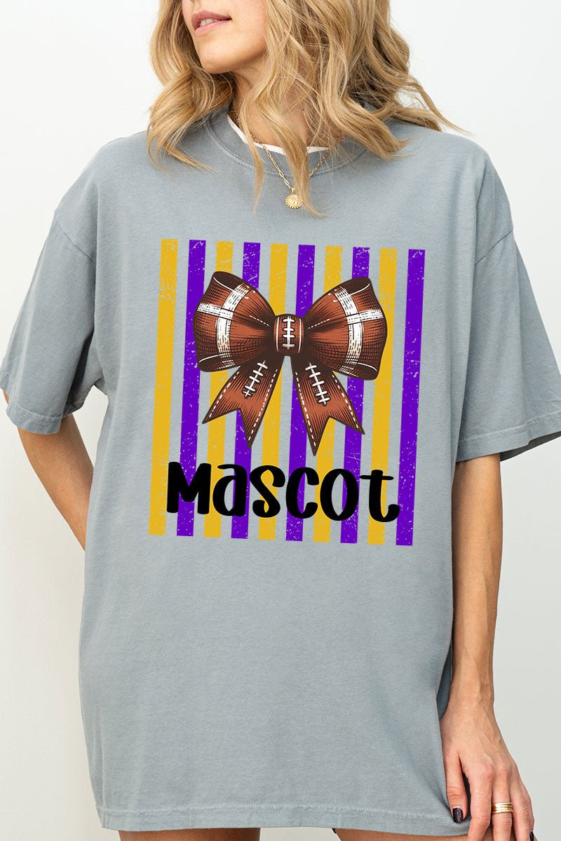 Personalized Purple & Yellow Gold Varsity Bow Comfort Colors Adult Ring-Spun Cotton Tee *Enter Mascot Name - Wholesale Accessory Market