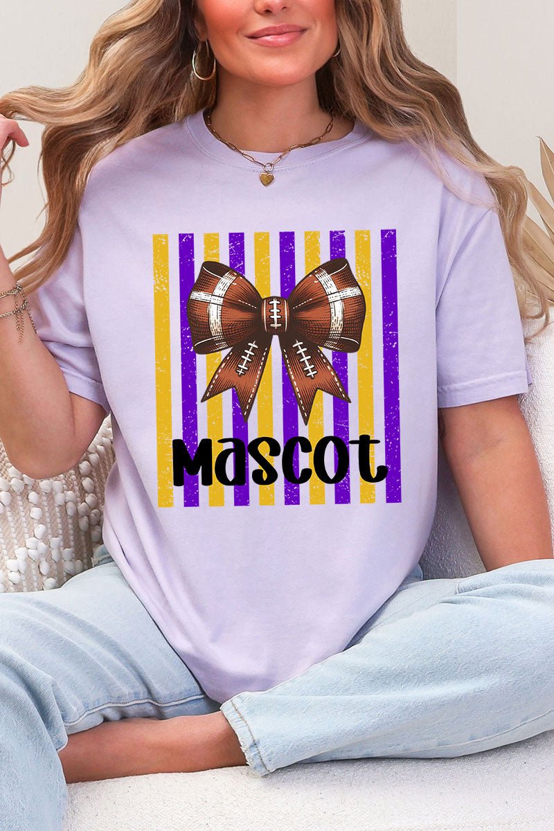 Personalized Purple & Yellow Gold Varsity Bow Comfort Colors Adult Ring-Spun Cotton Tee *Enter Mascot Name - Wholesale Accessory Market