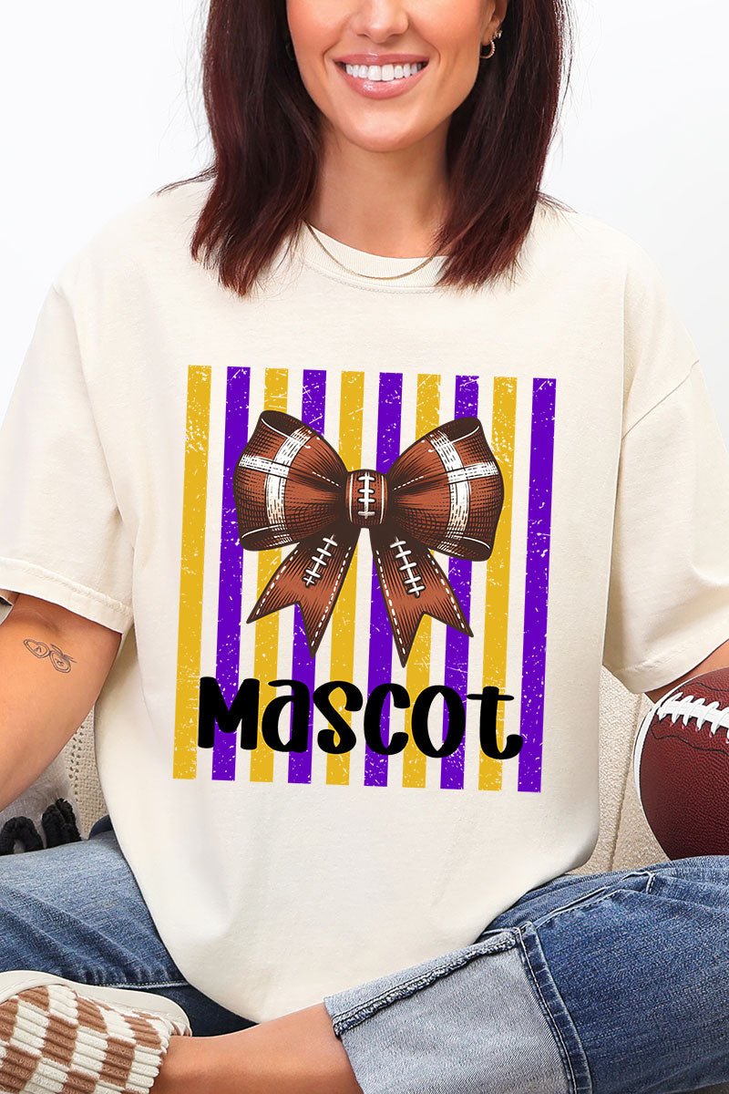 Personalized Purple & Yellow Gold Varsity Bow Comfort Colors Adult Ring-Spun Cotton Tee *Enter Mascot Name - Wholesale Accessory Market
