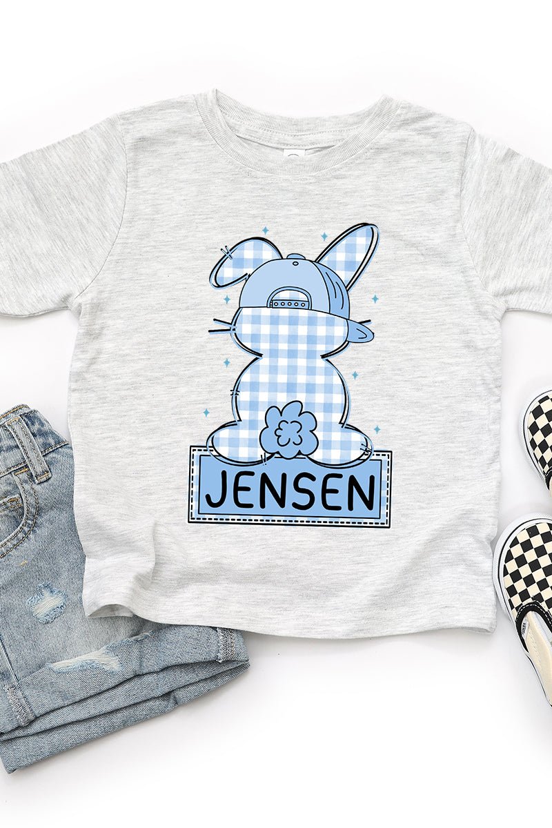 Toddler Personalized Blue Gingham Bunny Fine Jersey Tee *Personalize Your Name - Wholesale Accessory Market
