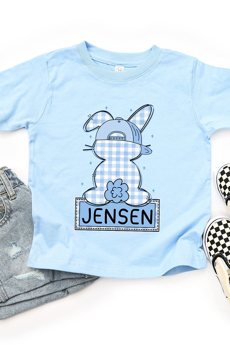 Toddler Personalized Blue Gingham Bunny Fine Jersey Tee *Personalize Your Name - Wholesale Accessory Market