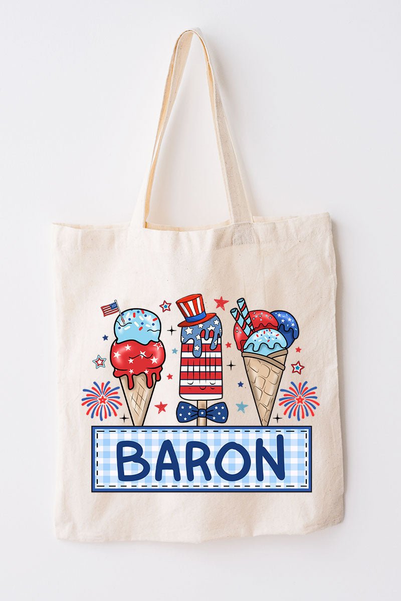 Personalized Patriotic Popsicles Blue Gingham Medium Canvas Tote *Personalize Your Name - Wholesale Accessory Market