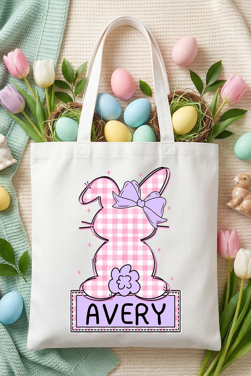 Personalized Pink Gingham Bunny Medium Canvas Tote *Personalize Your Name - Wholesale Accessory Market