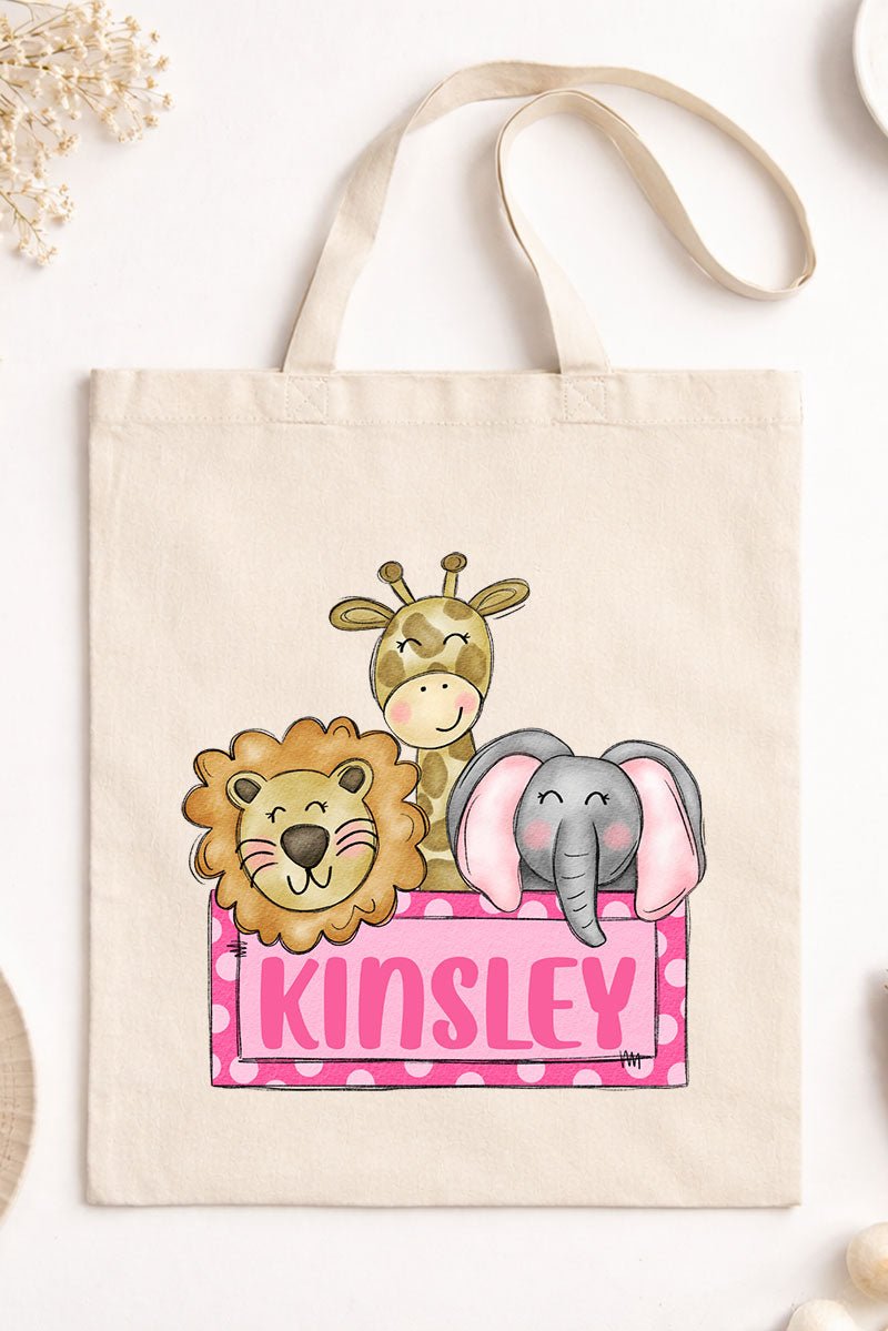 Personalized Pink Zoo Trio Small Canvas Tote *Personalize Your Name - Wholesale Accessory Market