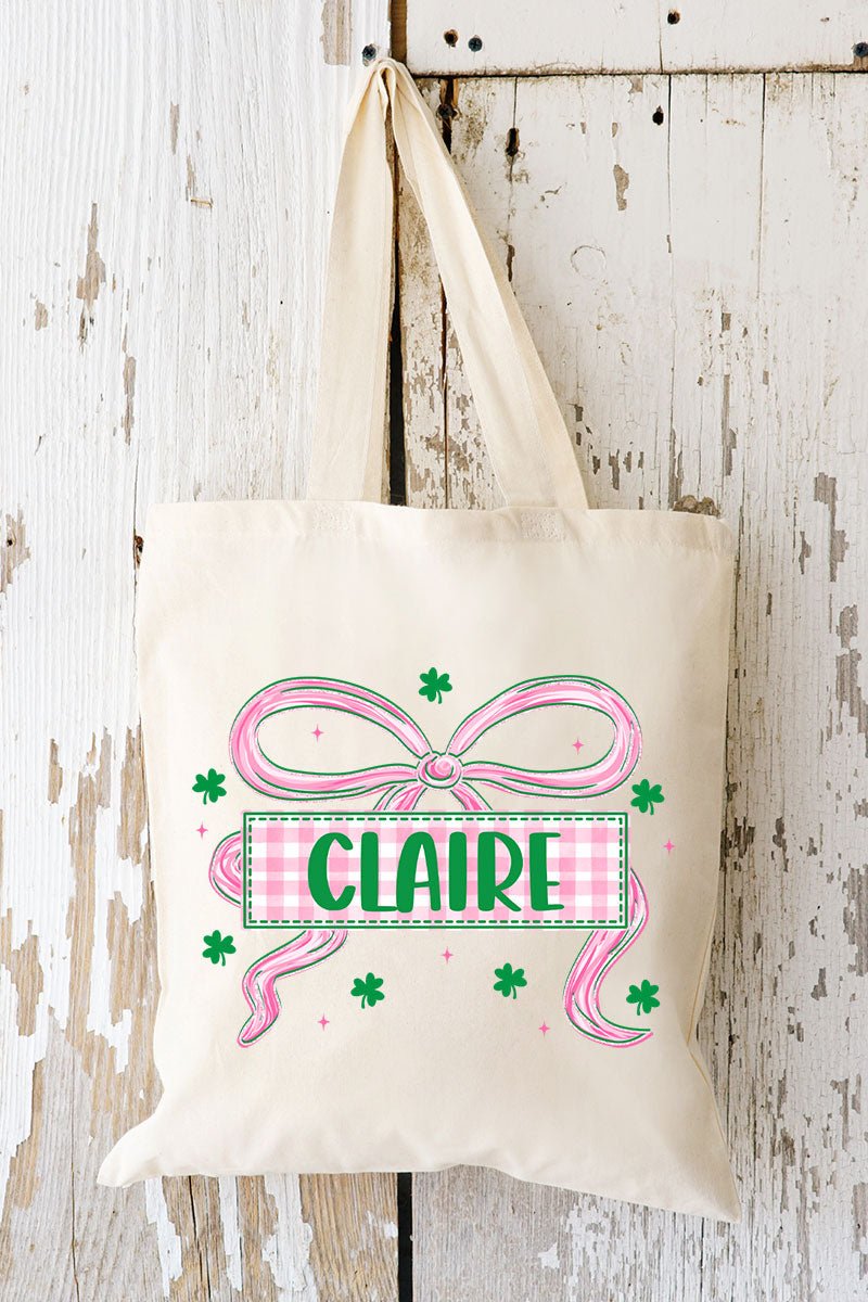 Personalized Preppy Pink Shamrock Medium Canvas Tote *Personalize Your Name - Wholesale Accessory Market