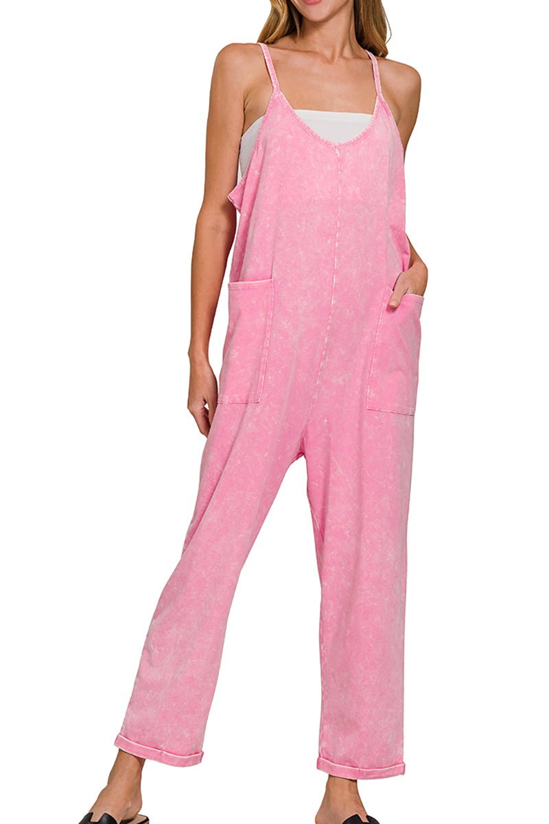 Zenana Urban Oasis Candy Pink Spaghetti Strap Pocket Jumpsuit - Wholesale Accessory Market