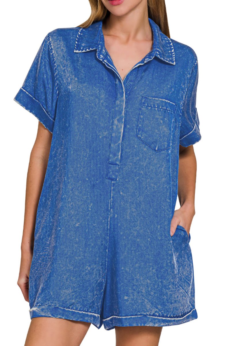 Zenana Daydreamer Classic Blue Tencel Mineral Washed Romper - Wholesale Accessory Market