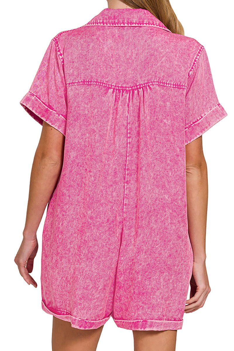 Zenana Daydreamer Hot Pink Tencel Mineral Washed Romper - Wholesale Accessory Market