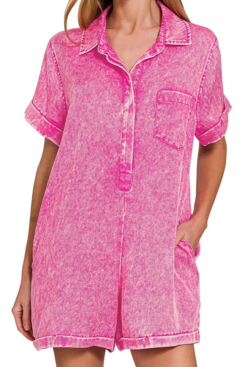 Zenana Daydreamer Hot Pink Tencel Mineral Washed Romper - Wholesale Accessory Market