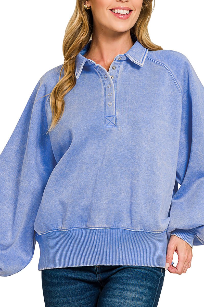 Zenana Bonfire Nights Cornflower Blue Acid Wash Button Collared Pullover - Wholesale Accessory Market