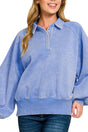 Zenana Bonfire Nights Cornflower Blue Acid Wash Button Collared Pullover - Wholesale Accessory Market