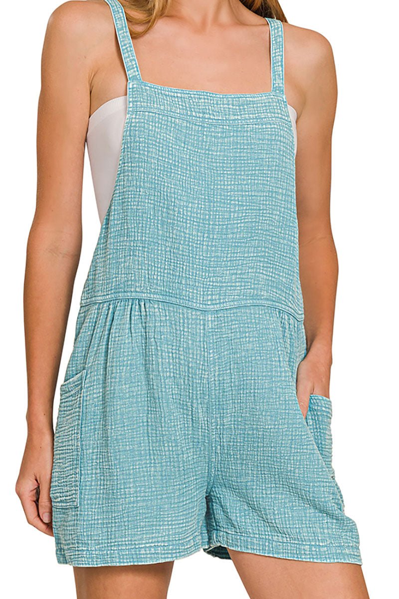 Zenana Knot Without Style Dusty Teal Washed Gauze Romper - Wholesale Accessory Market