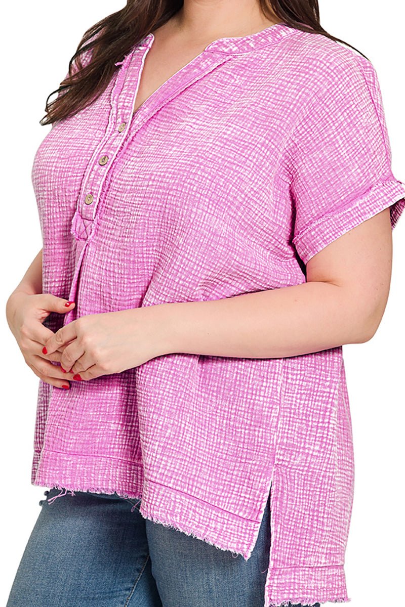 Zenana Plus Size Harbour Island Bright Mauve Washed Gauze Henley Neck Top - Wholesale Accessory Market