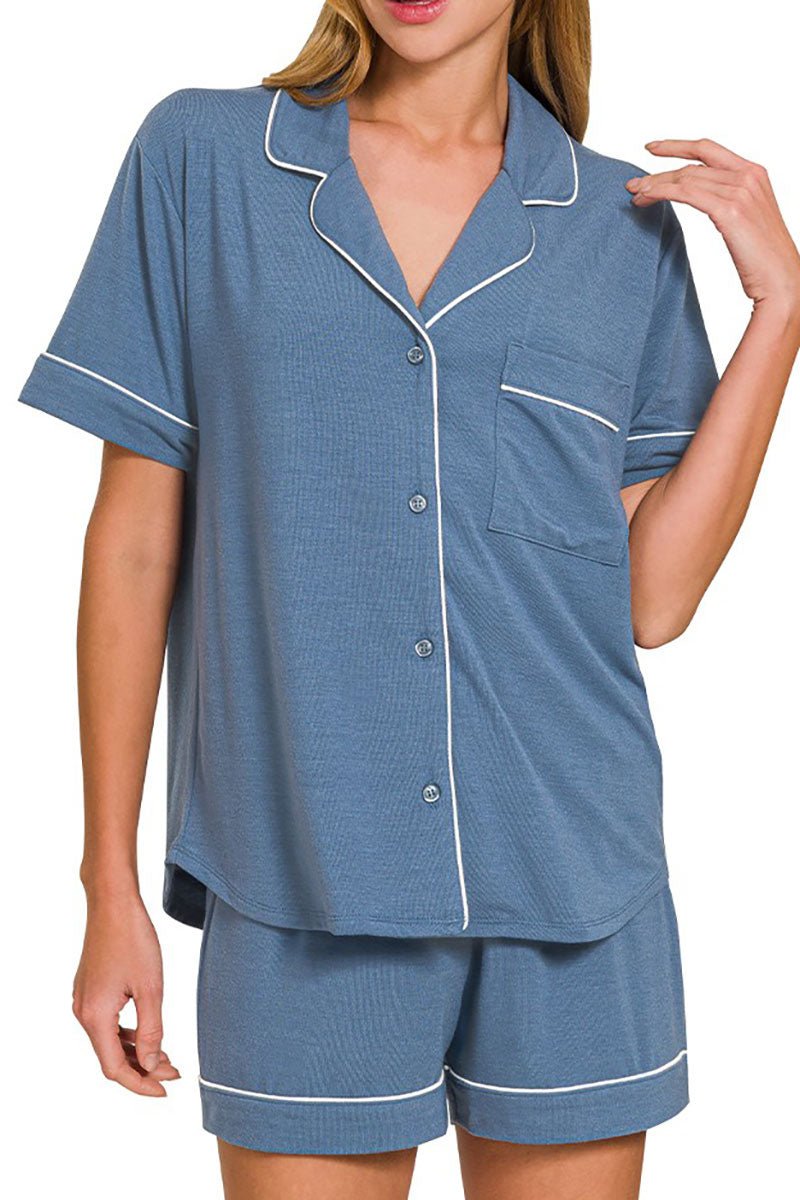 Zenana Late Mornings Dusty Blue Button Top & Shorts Set - Wholesale Accessory Market