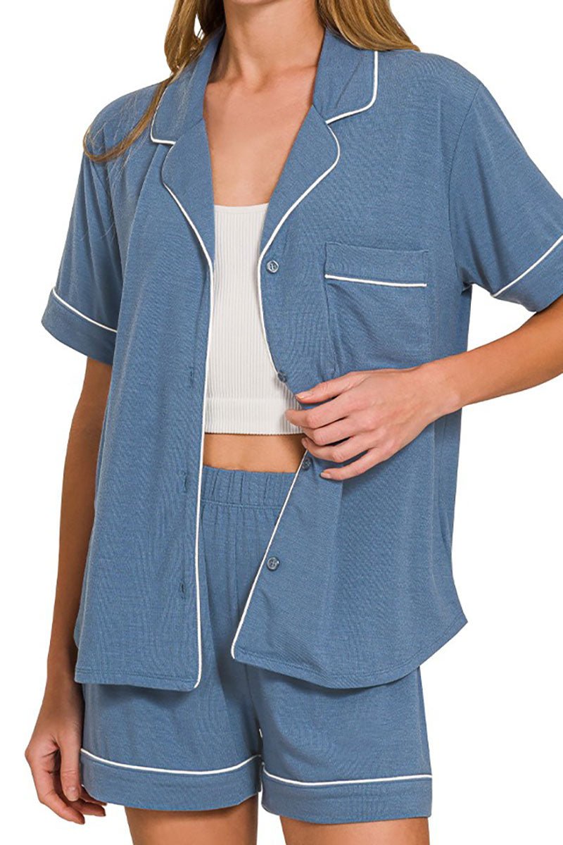 Zenana Late Mornings Dusty Blue Button Top & Shorts Set - Wholesale Accessory Market