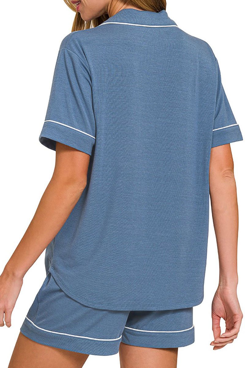 Zenana Late Mornings Dusty Blue Button Top & Shorts Set - Wholesale Accessory Market