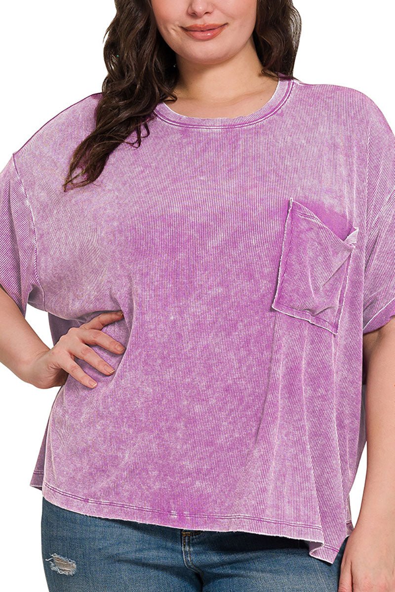 Zenana Plus Size Pacific Coast Bright Violet Washed Ribbed Short Sleeve Top - Wholesale Accessory Market