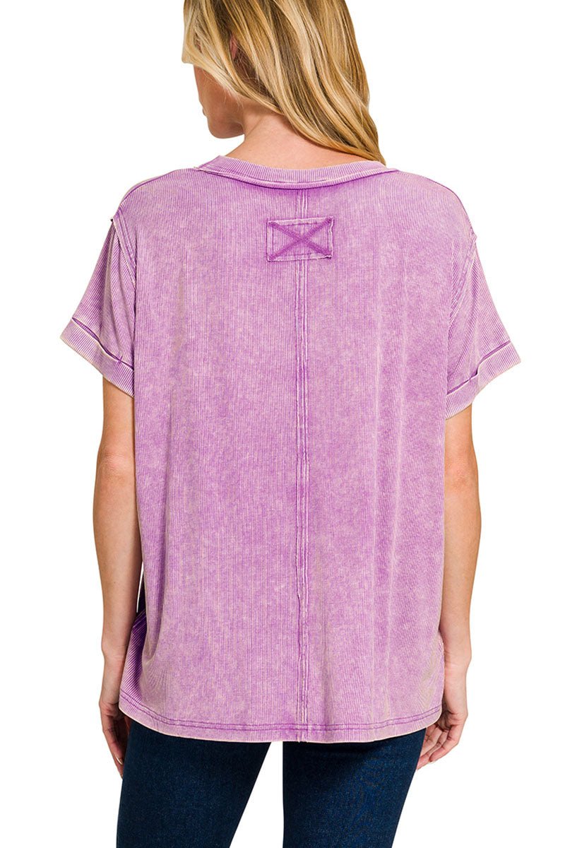 Zenana Daytrip Dreams Bright Violet Washed Ribbed Cuffed Sleeve Top - Wholesale Accessory Market