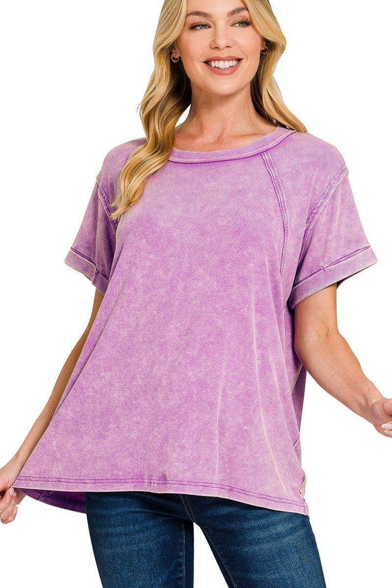 Zenana Daytrip Dreams Bright Violet Washed Ribbed Cuffed Sleeve Top - Wholesale Accessory Market