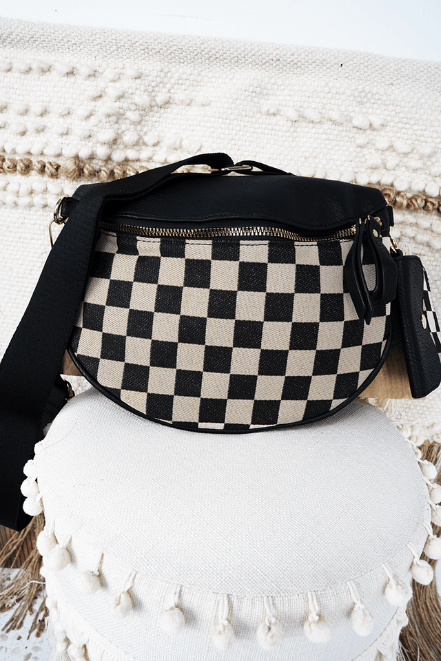Zenana Weekend Trip Black Checkered Crescent Bag - Wholesale Accessory Market