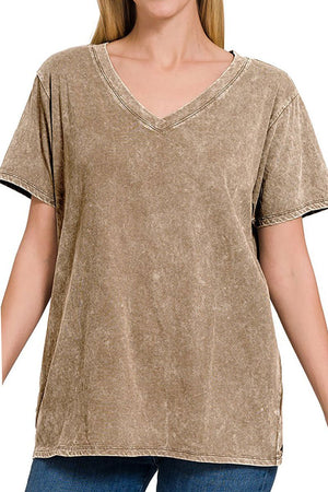 Always Fun Mocha Washed V-Neck Top - Wholesale Accessory Market