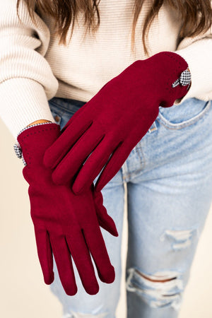 L.I.B. New York One Pair Houndstooth Button Smart Touch Gloves, Burgundy - Wholesale Accessory Market