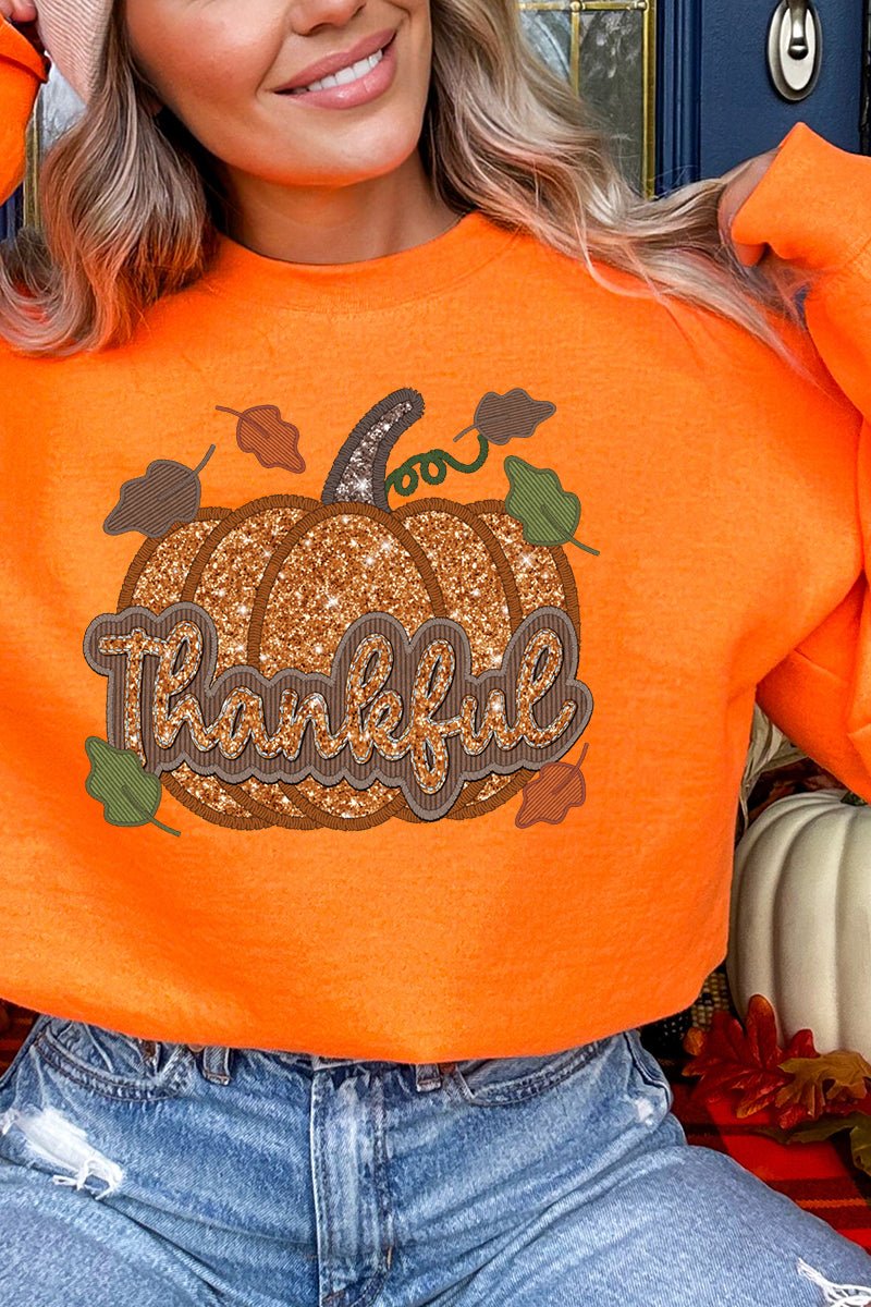 Thankful Pumpkin Faux Sequin Heavy-weight Crew Sweatshirt - Wholesale Accessory Market