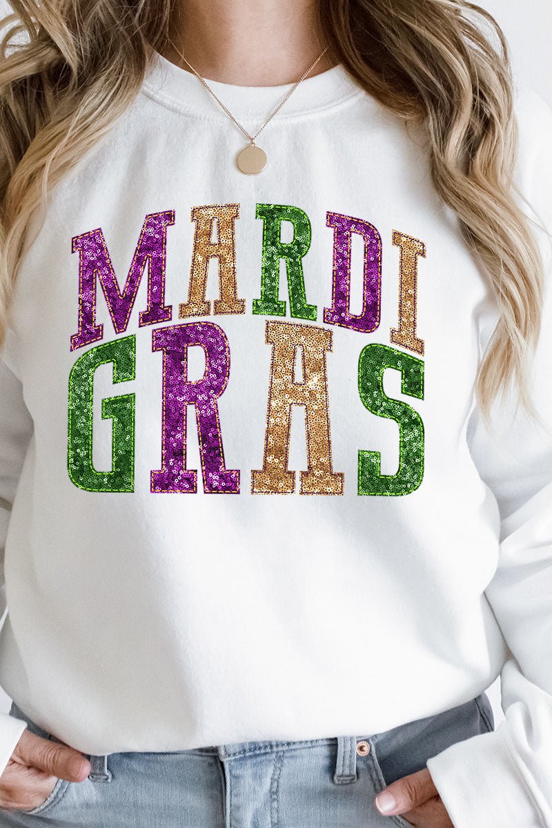 Mardi Gras Faux Sequin Embroidery Transfer Heavy-weight Crew Sweatshirt - Wholesale Accessory Market