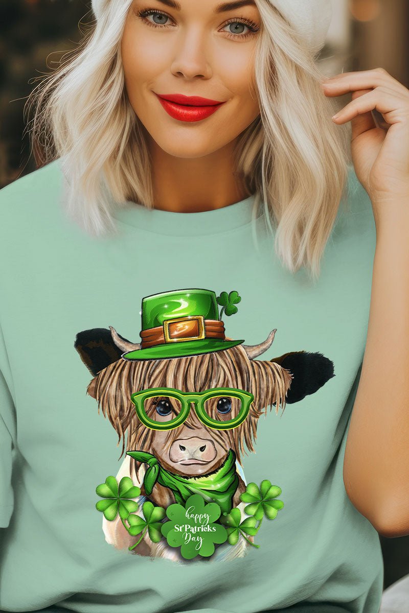 Happy St. Patrick's Day Highland Cow Short Sleeve Relaxed Fit T-Shirt - Wholesale Accessory Market