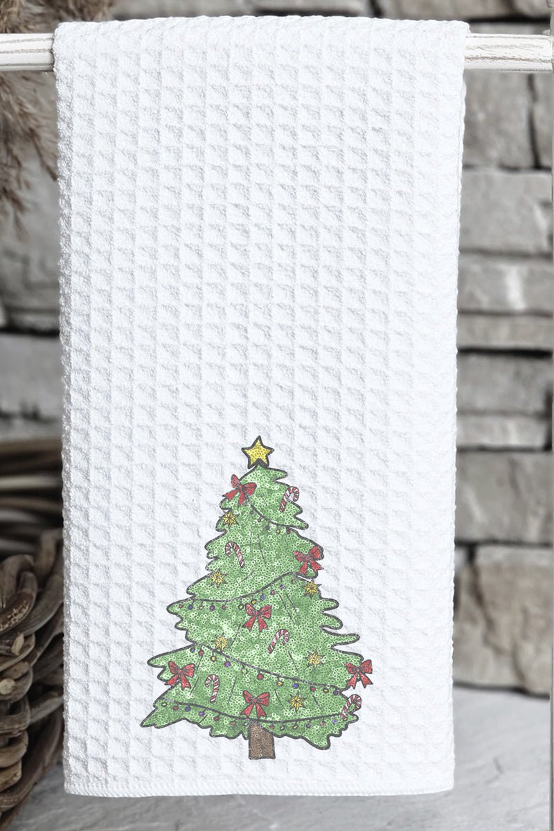 Faux Sequin Christmas Tree Transfer Waffle Kitchen Towel - Wholesale Accessory Market