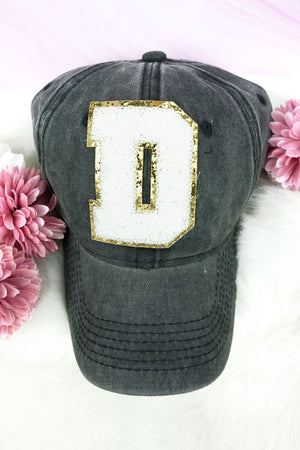 50% OFF! White Chenille Glitter 'D' Patch Black Cap - Wholesale Accessory Market