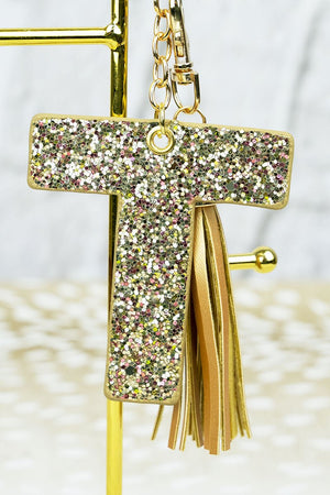 25% OFF! Gold Glitter 'T' Initial Tassel Keychain - Wholesale Accessory Market