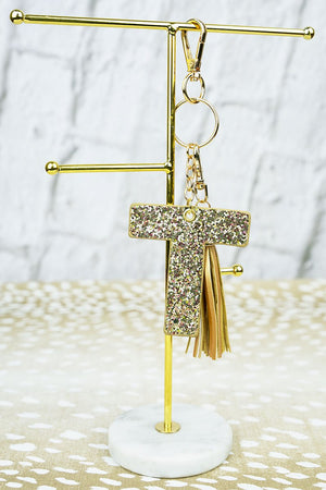 25% OFF! Gold Glitter 'T' Initial Tassel Keychain - Wholesale Accessory Market