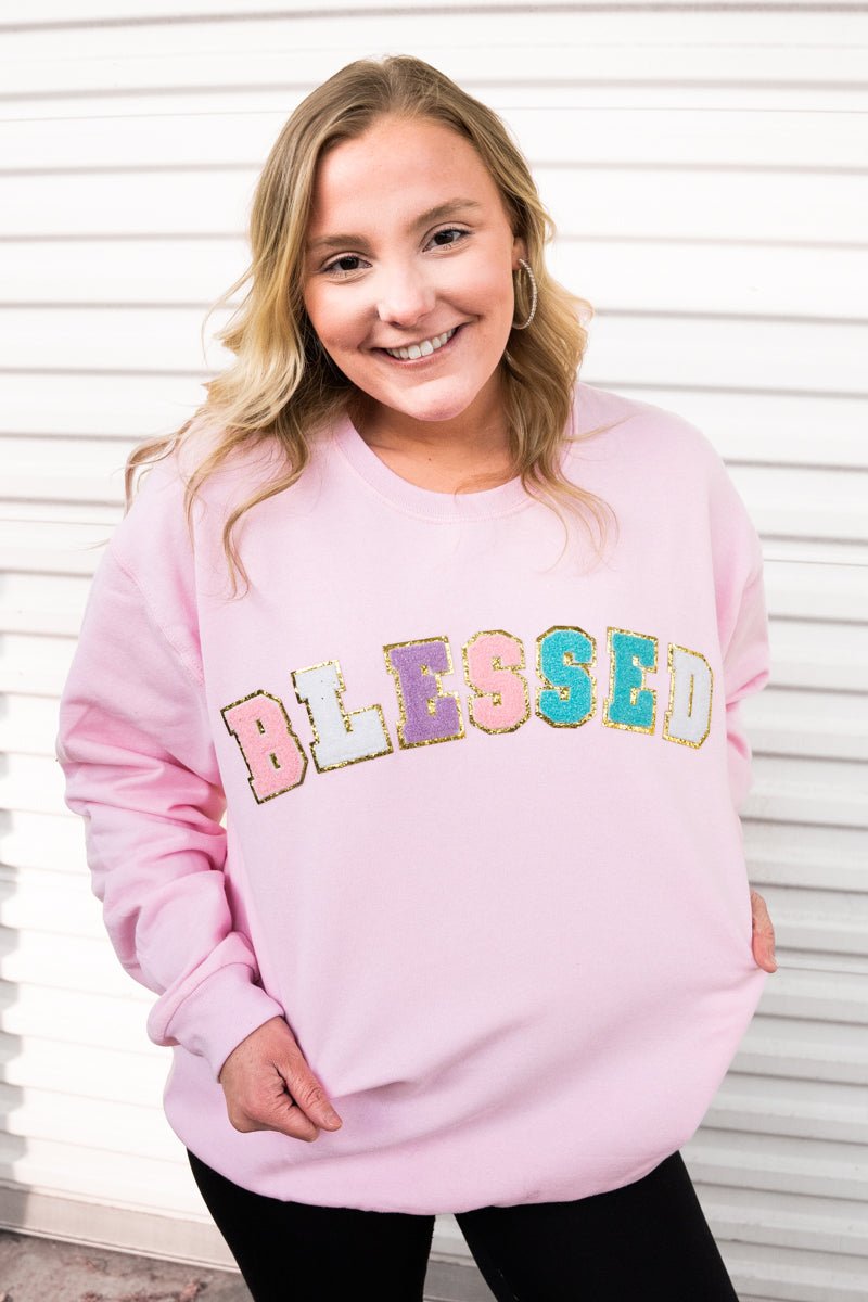 Colorful Blessed Chenille Patch Heavy-weight Crew Sweatshirt - Wholesale Accessory Market