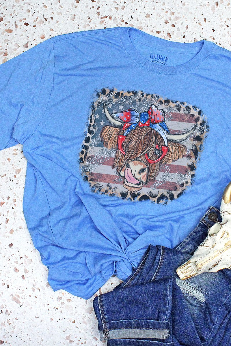 Leopard Framed Patriotic Highland Cow Performance T-Shirt - Wholesale Accessory Market