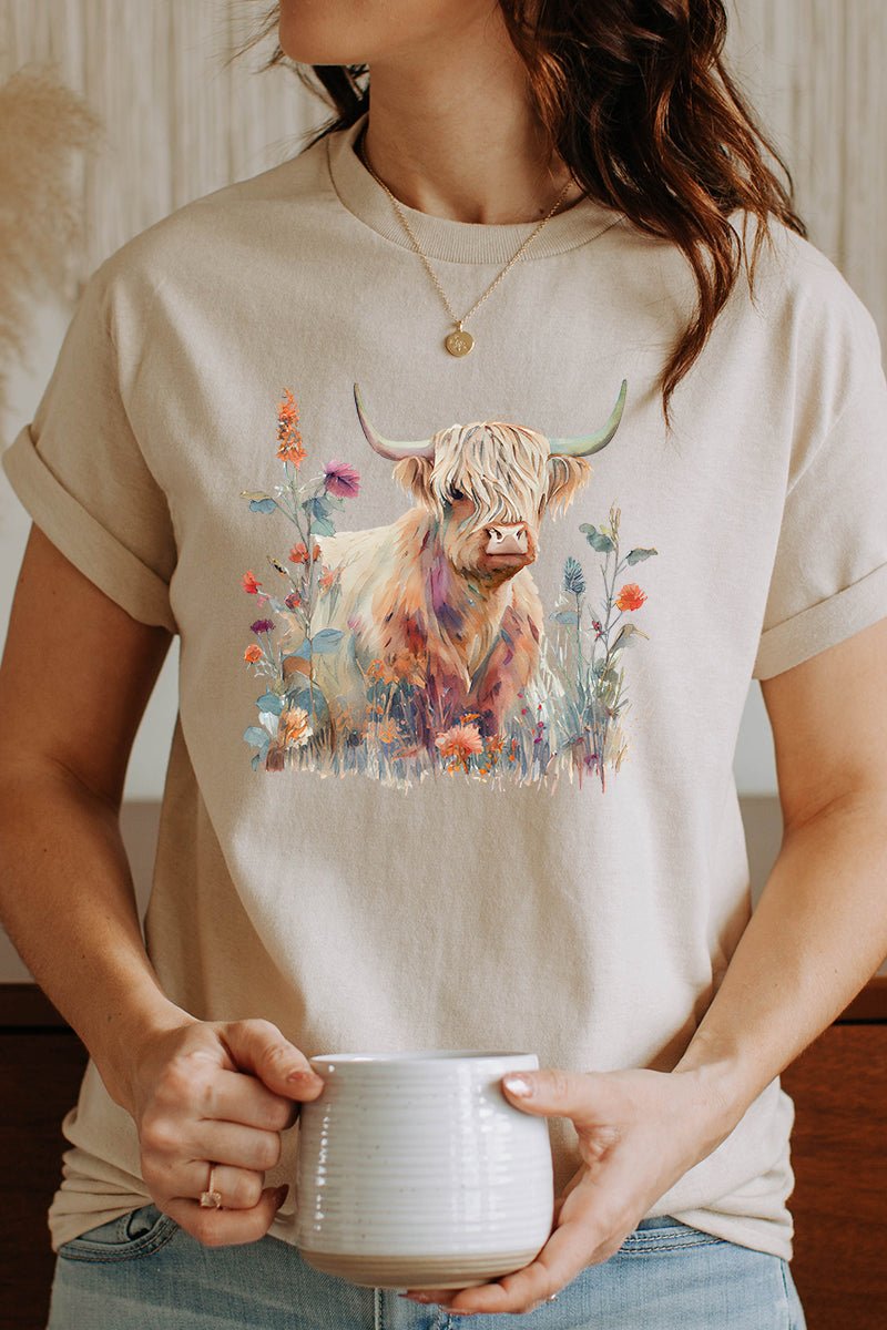 Floral Highland Cow Short Sleeve Relaxed Fit T-Shirt - Wholesale Accessory Market
