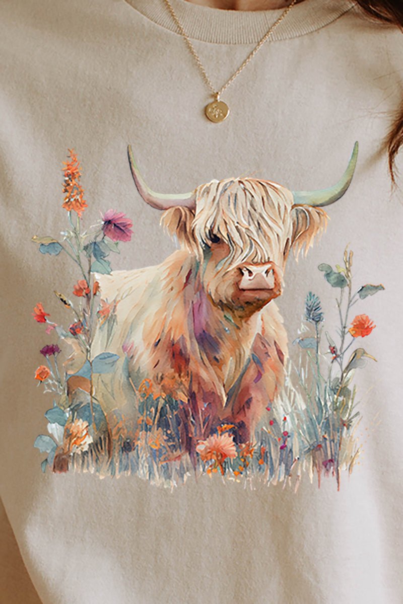 Floral Highland Cow Short Sleeve Relaxed Fit T-Shirt - Wholesale Accessory Market