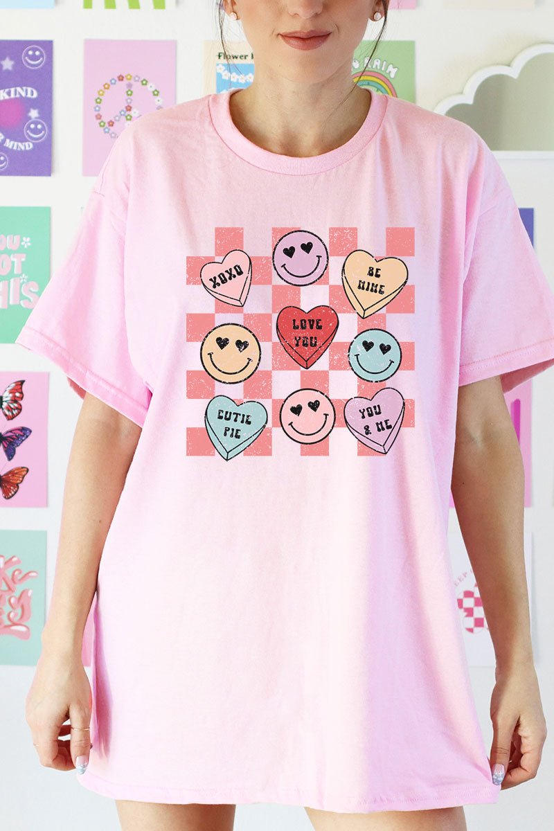 Conversation Heart Checkerboard Short Sleeve Relaxed Fit T-Shirt - Wholesale Accessory Market