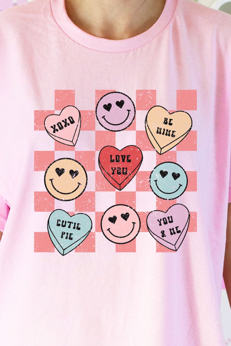 Conversation Heart Checkerboard Short Sleeve Relaxed Fit T-Shirt - Wholesale Accessory Market