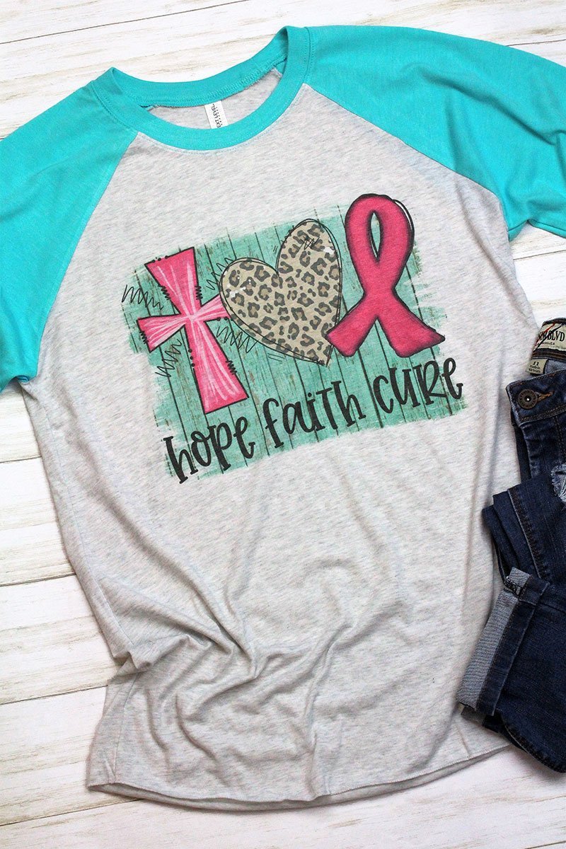 Hope Faith Cure Pink Ribbon Tri-Blend Unisex 3/4 Raglan - Wholesale Accessory Market