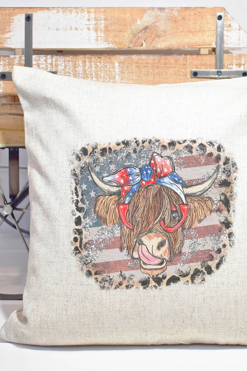 Leopard Framed Patriotic Highland Cow Decorative Pillow Cover - Wholesale Accessory Market