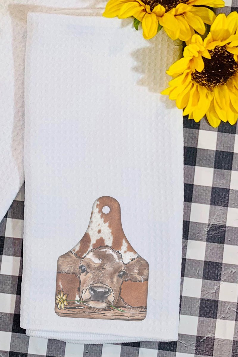 Henrietta Brown Cow Tag Waffle Kitchen Towel - Wholesale Accessory Market