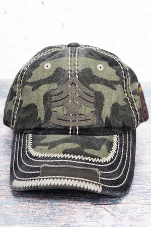 Camo and Faux Leather Rank Insignia Cap - Wholesale Accessory Market