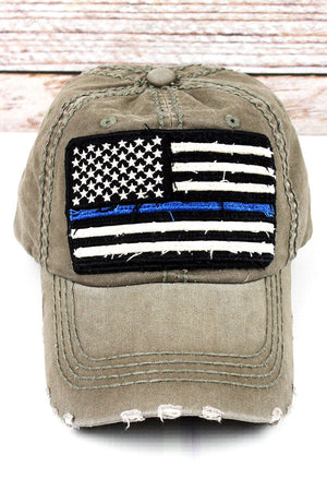 Distressed Olive Thin Blue Line Flag Cap - Wholesale Accessory Market
