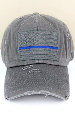 Distressed Dark Gray Subdued Flag with Blue Stripe Tactical Operator Cap - Wholesale Accessory Market